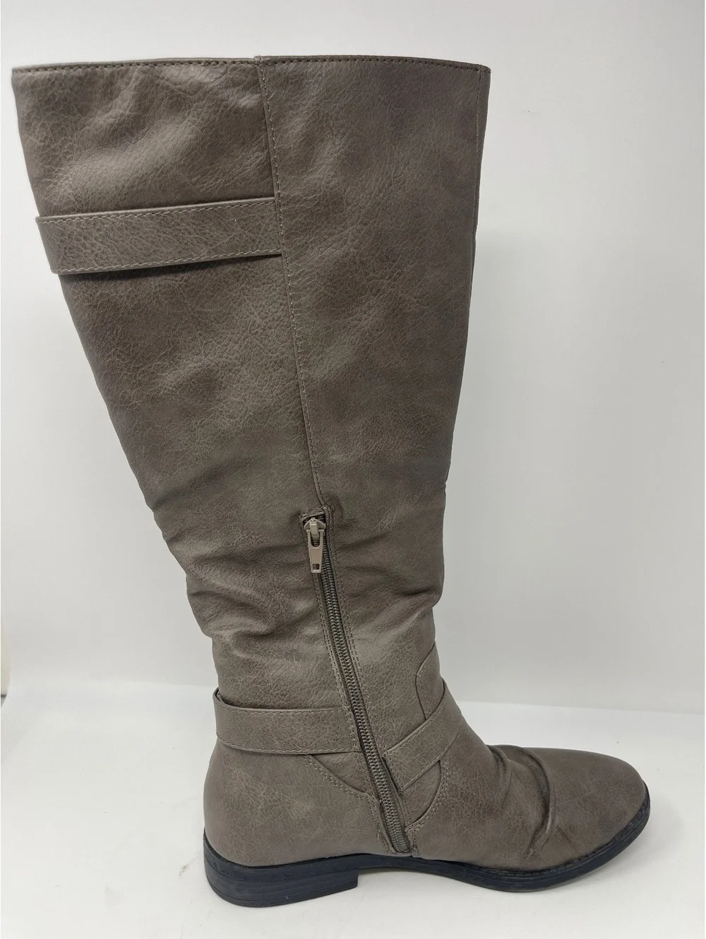 Women's Knee High Riding Boots Grey Faux Leather Buckle Slouch Flat Zip Size